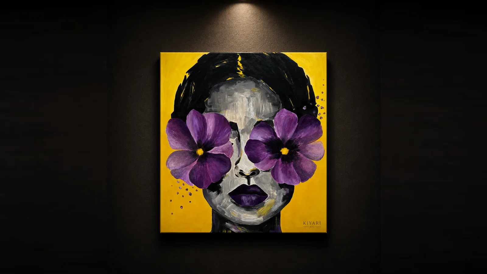 Bold painting by Kiyari — woman's face with vibrant purple florals on golden yellow